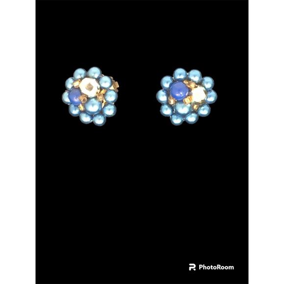Vtg MCM 1960’s Clip On Earrings Blue Gold Beads Cluster Mid-Century Japan - Picture 3 of 6